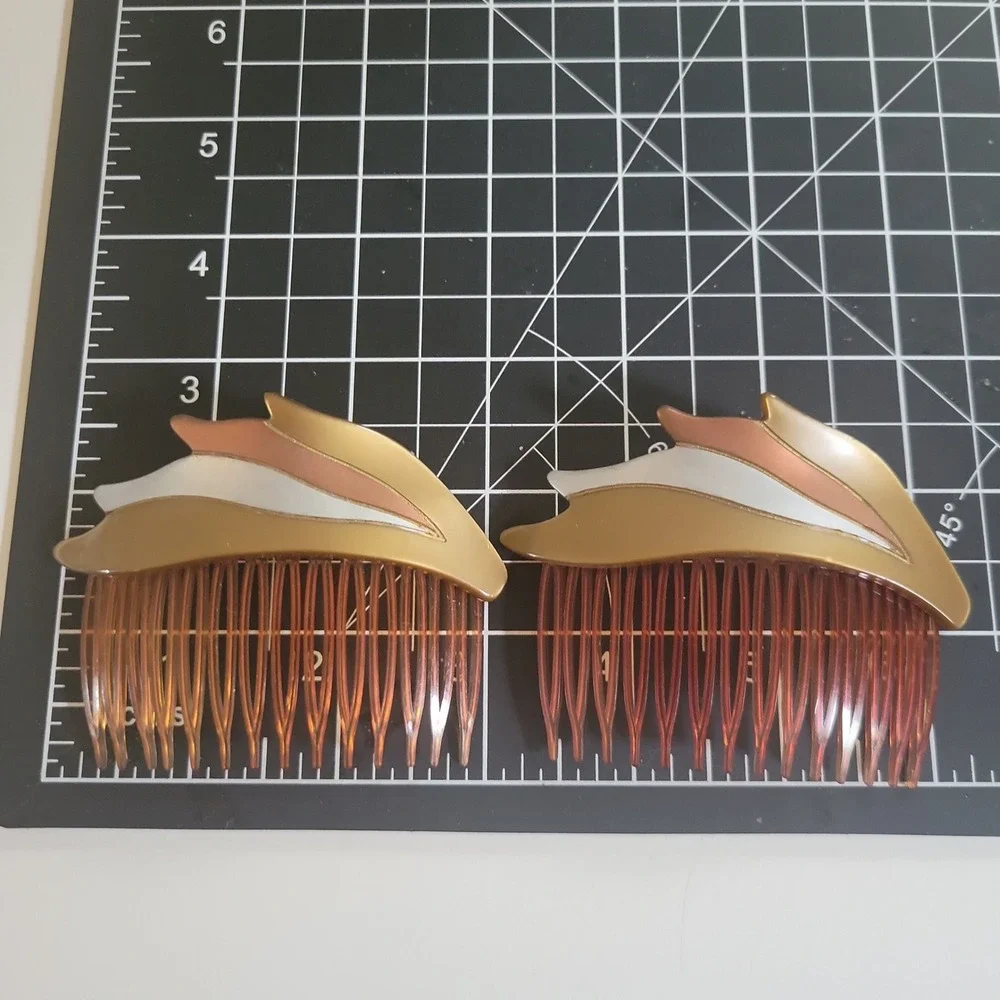 Vintage Made in USA Hair Side Combs Set of 2 Gold Silver Blue White Striped‎